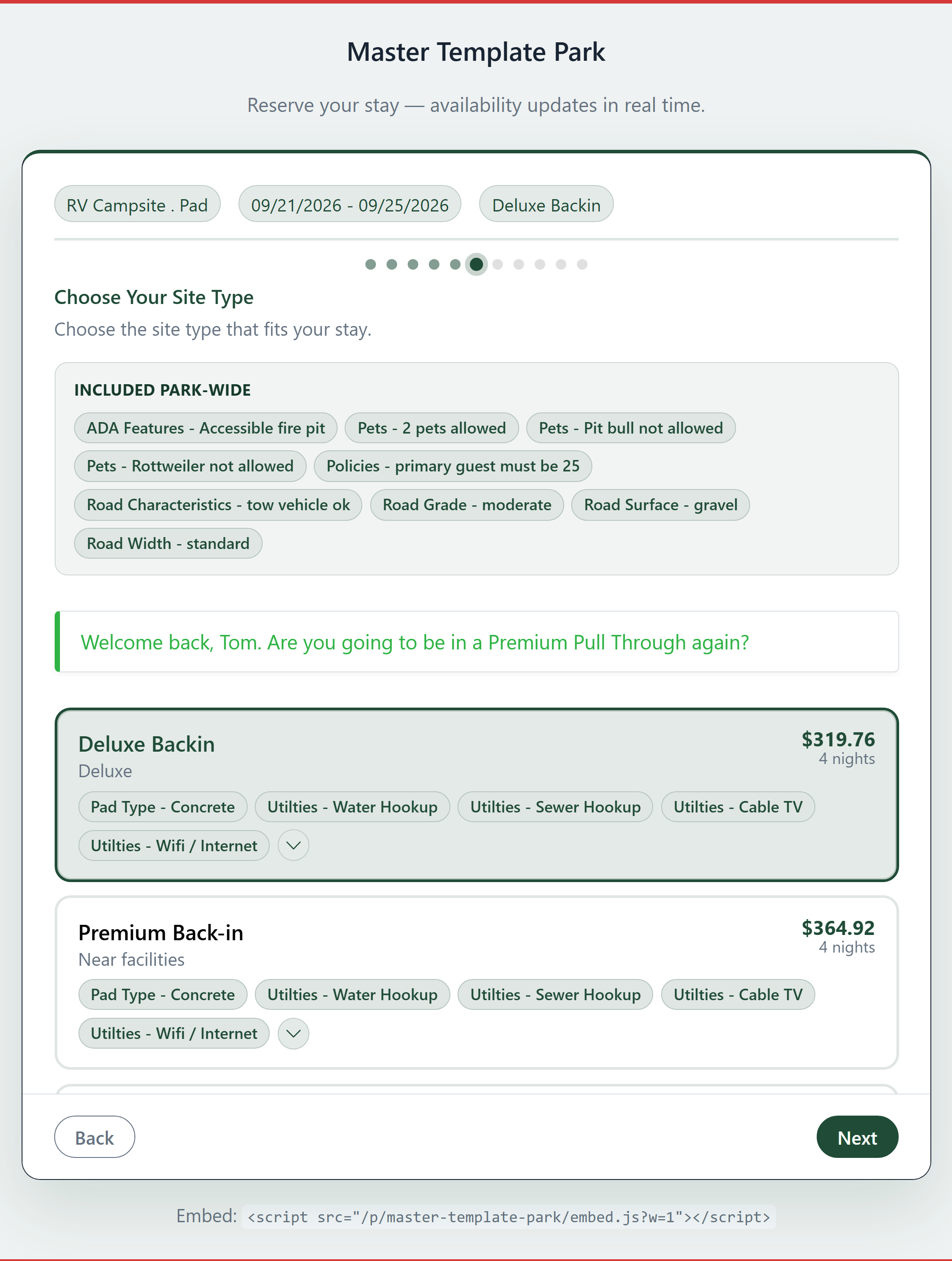 Online Booking screen in Resabl