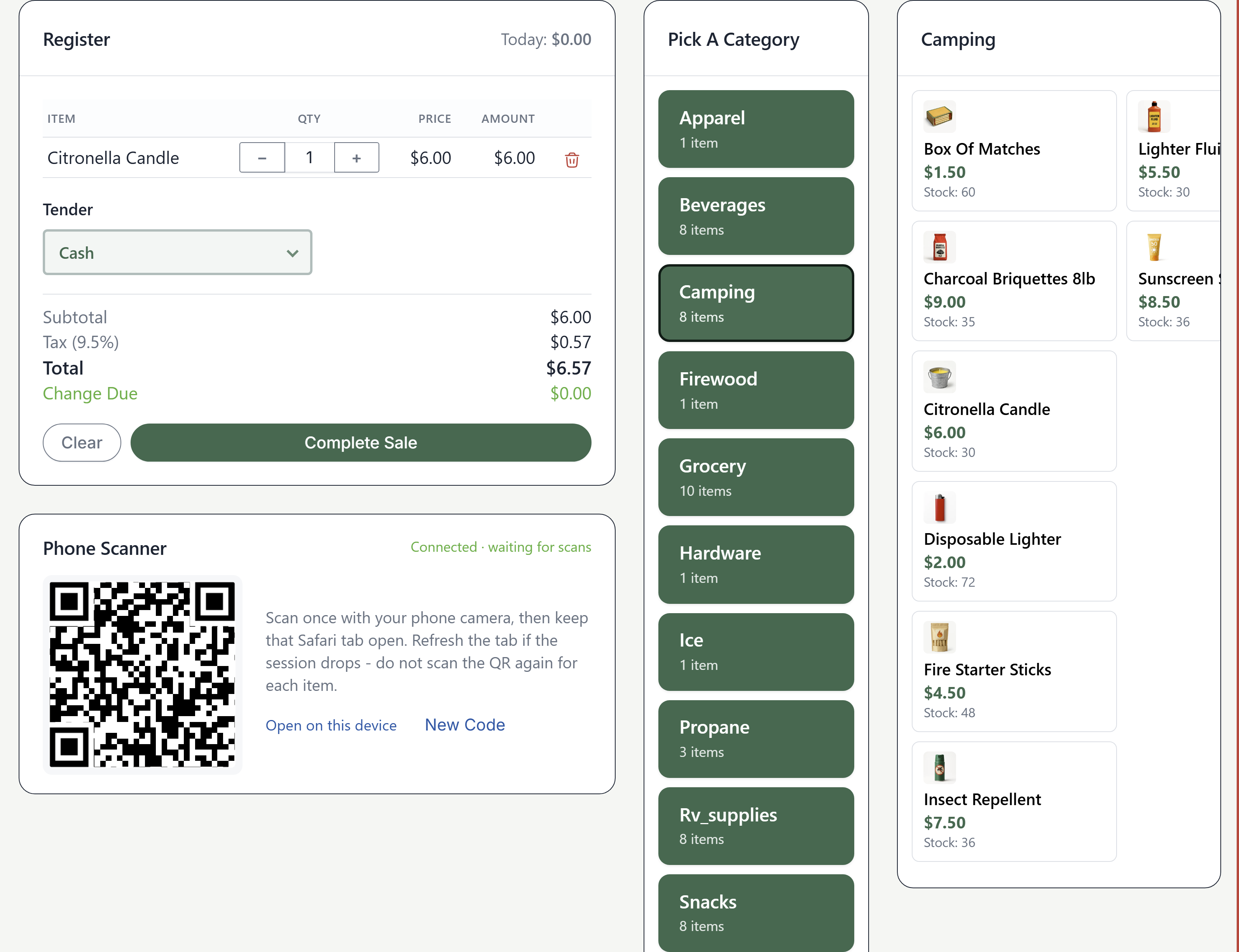 Camp Store screen in Resabl