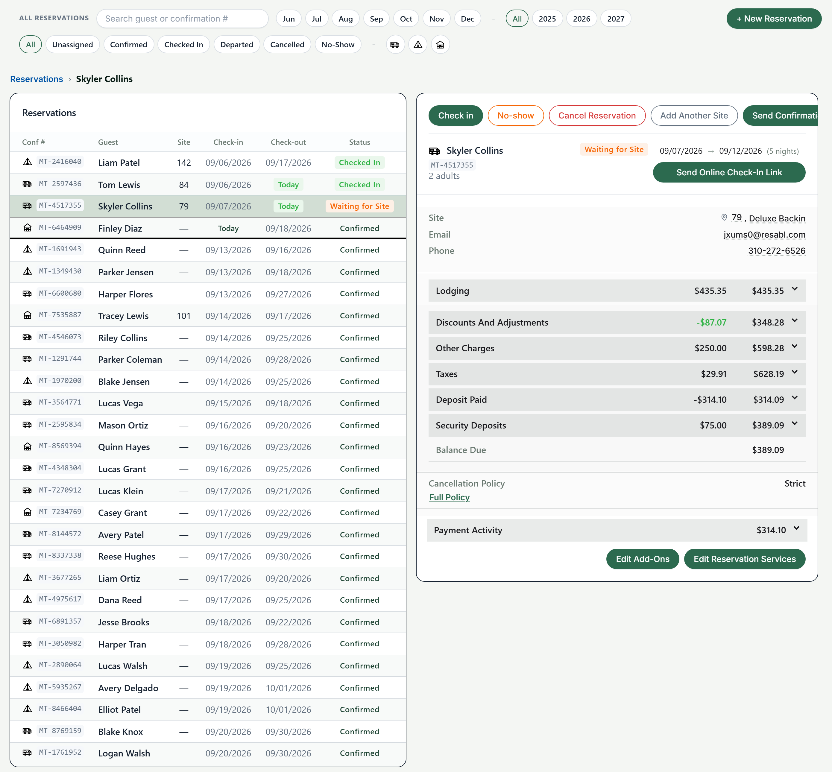 Reservations screen in Resabl