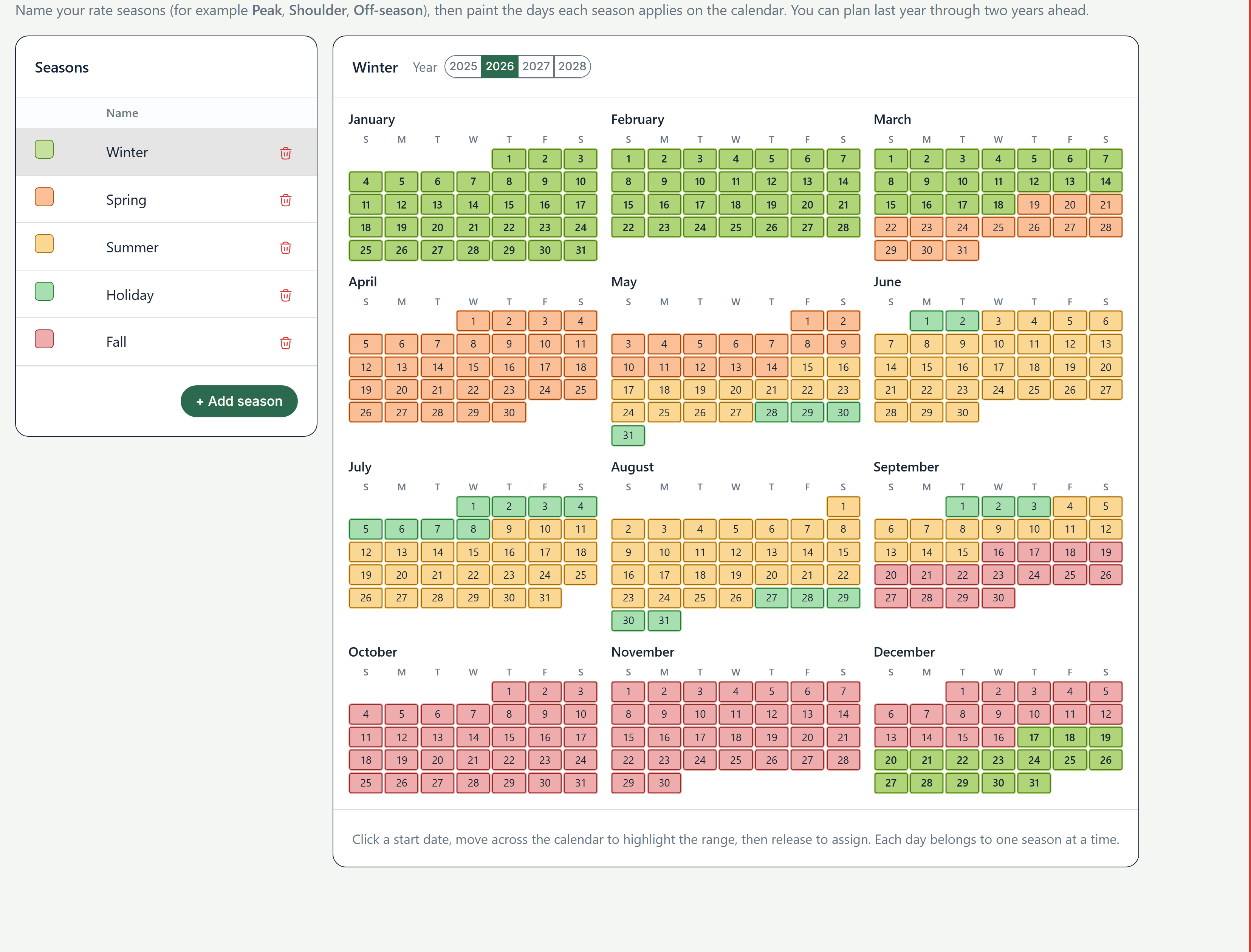 Rate Seasons screen in Resabl